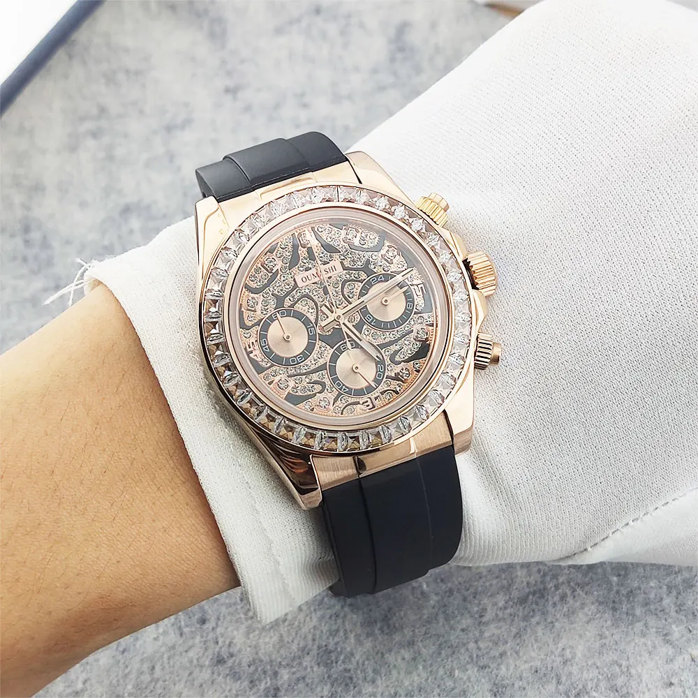 39.5mm luxury men's watch VK63 movement chronograph tiger pattern full diamond dial diamond bezel men's custom watch