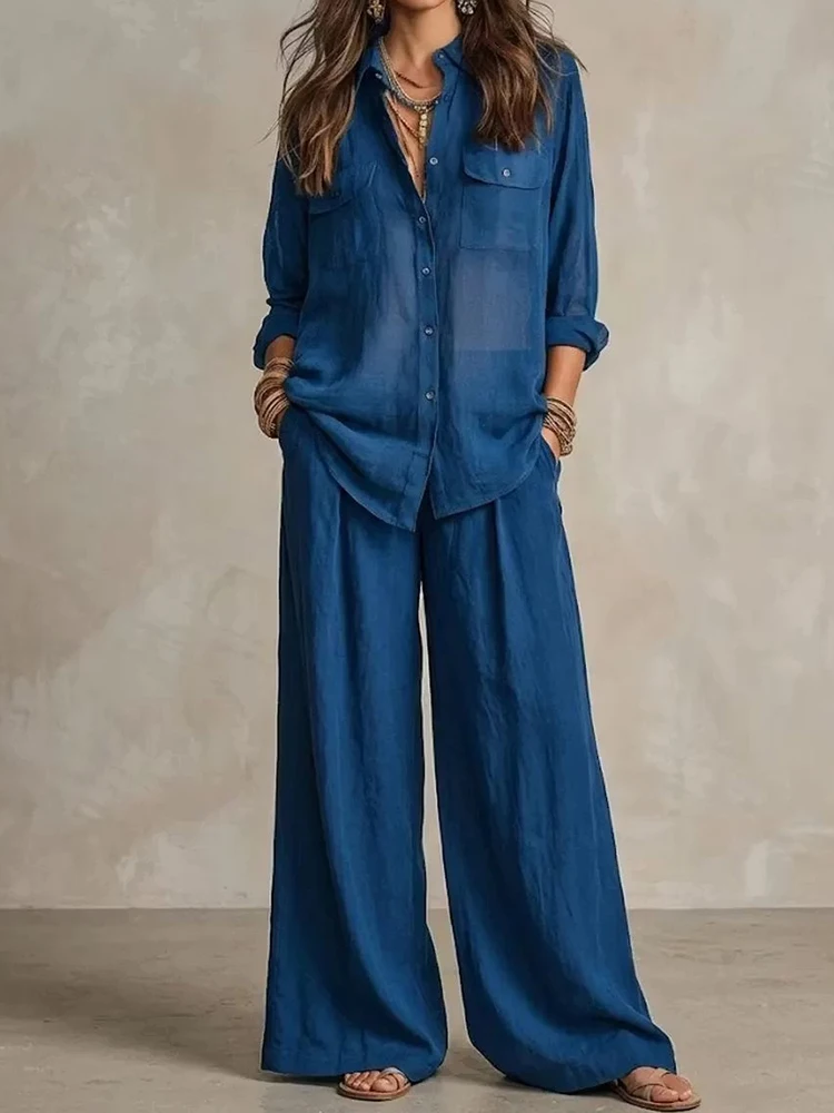 Holiday Casual Solid Loose Fit Two-Piece Set Women's Turn-Down Collar Long Sleeve Single-Breasted Top with Wide Leg Pants Outfit
