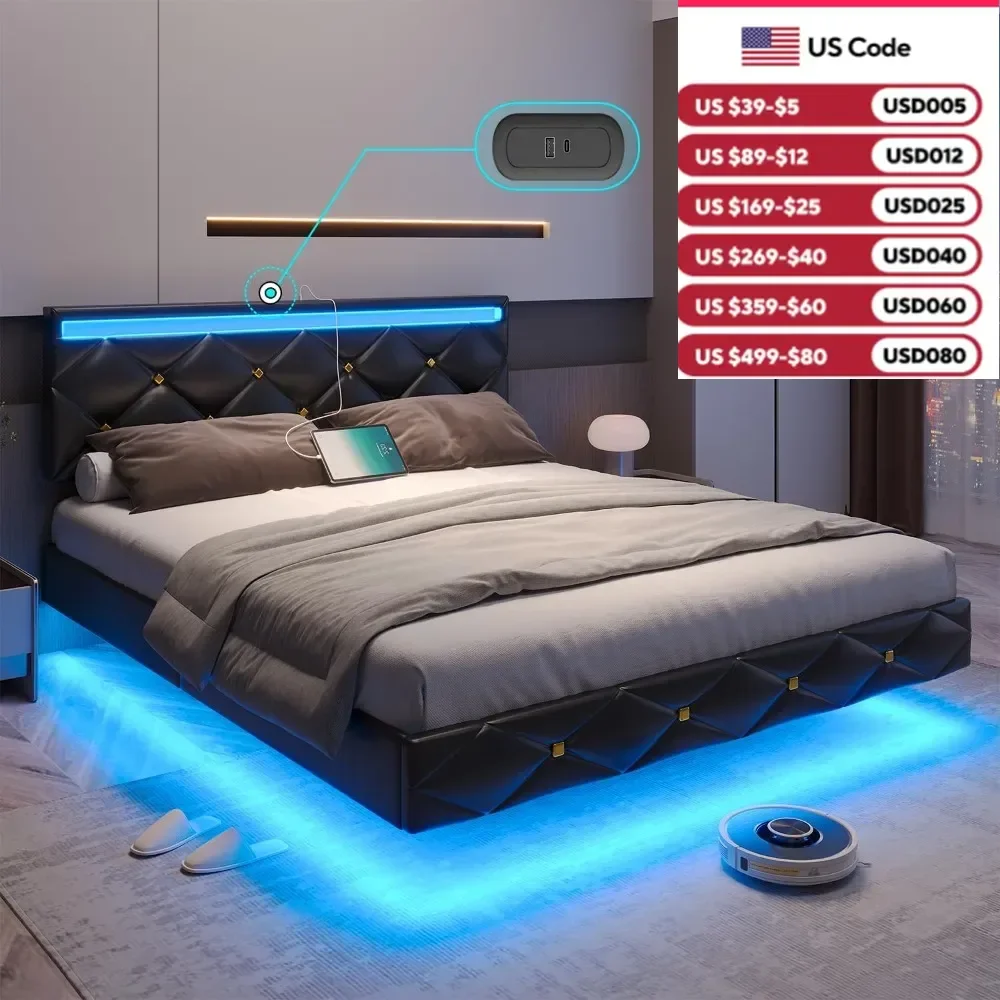 Queen Size Floating Bed Frame with Headboard, Type-C and USB Ports Queen Floating Upholstered Platform Bed with Led Lights