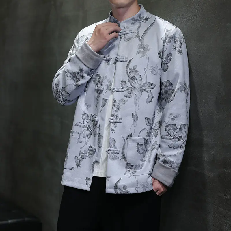 

New Chinese Sle Men's Jaet Deer Skin Velvet Printed Button Hanfu Outerwear Loose Fit Autumn Winter Windproof Coat