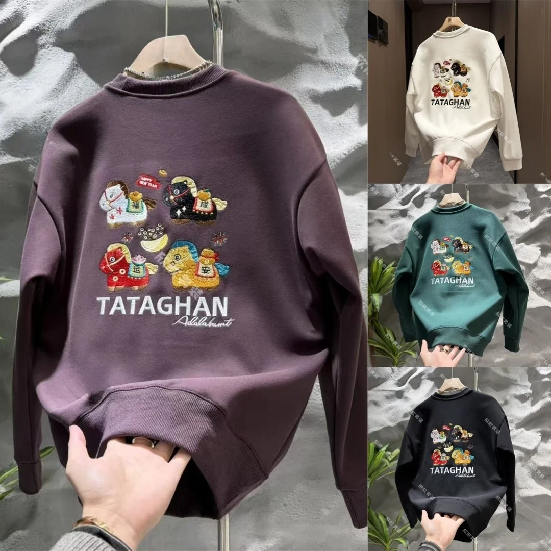 

Утепленная толстовка с мультяшным принтом и круглым вырезом, плотная, в стиле ретро, модная, осенне-зимняя, повседневная, стильная