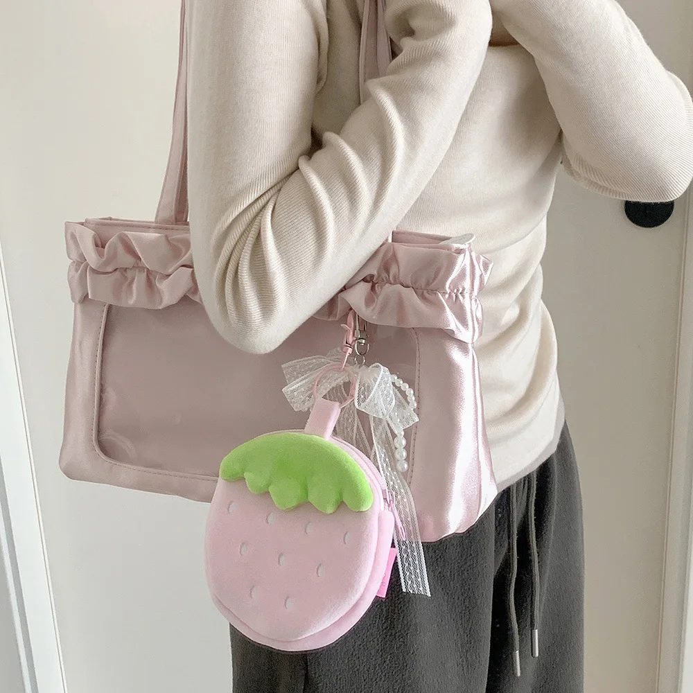 Cute Strawberry Plush Coin Purse, Kawaii Mini Pouch For Earphones, Small Makeup Bag Backpack Keychain Charm For Women Girls