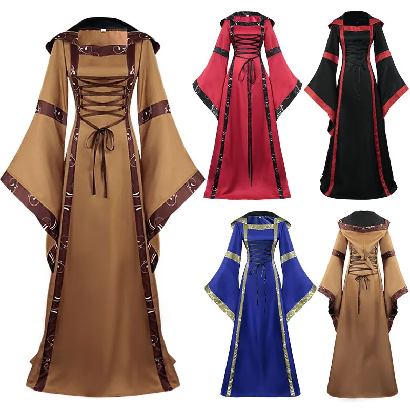 

Bell Sleeve Lace Up Women's Long Dress European Medieval Cospaly Costume Victorian Clothing Queen Elegant Halloween Dress
