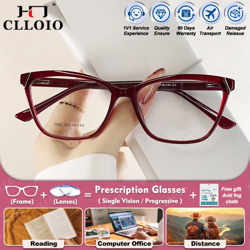 

CLLOIO Fashion Cat Eye Oversize Frame Myopia Photochromic Glasses For Women Anti Blue Light Progressive Prescription Eyeglasses