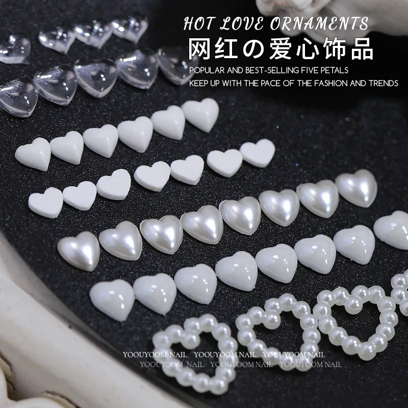 50PCS Glossy Clear White Pearl Love Hollow Frame Colorful Double Heart Resin Nail Art Rhinestones Decorations Manicure Ornaments