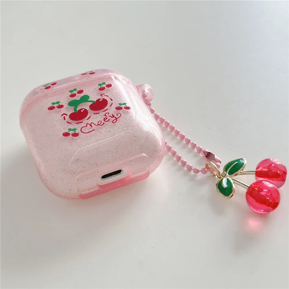 Cute Luxury Flash Pink Cherry Airpods Case For AirPods1/2/3/Pro Generation TPU AirPods 2 3 Pro Anti-fall With 3D Pendant