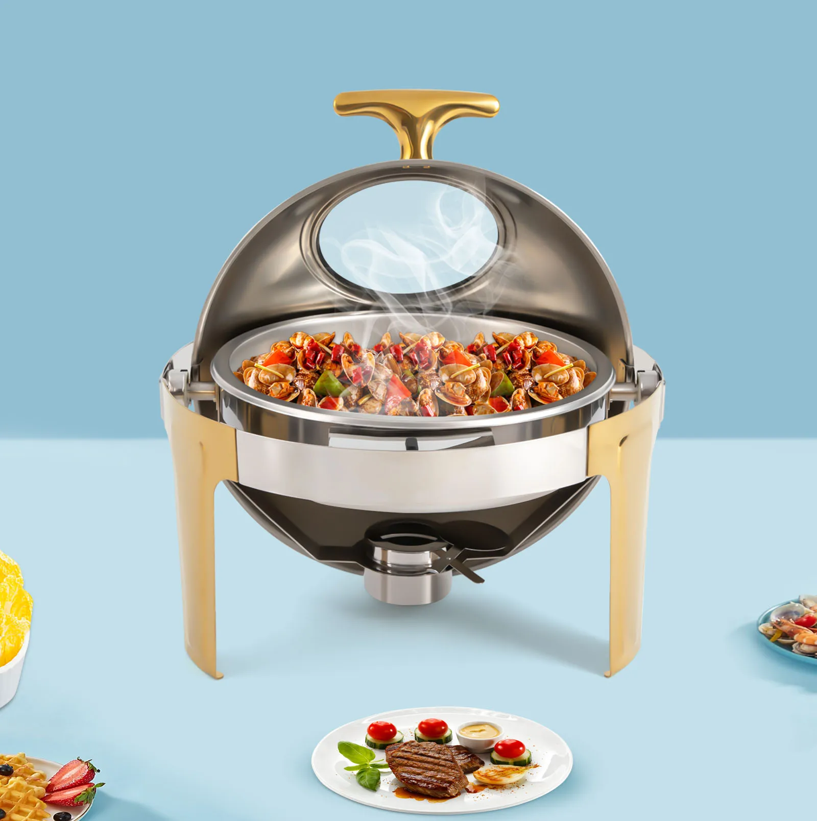 

Натиральная тарелка с рулонным верхом и смотровым окном, золотой акцент, круглый буфет из нержавеющей стали на 6,3 литра, согревающий поднос со стеклянной крышкой