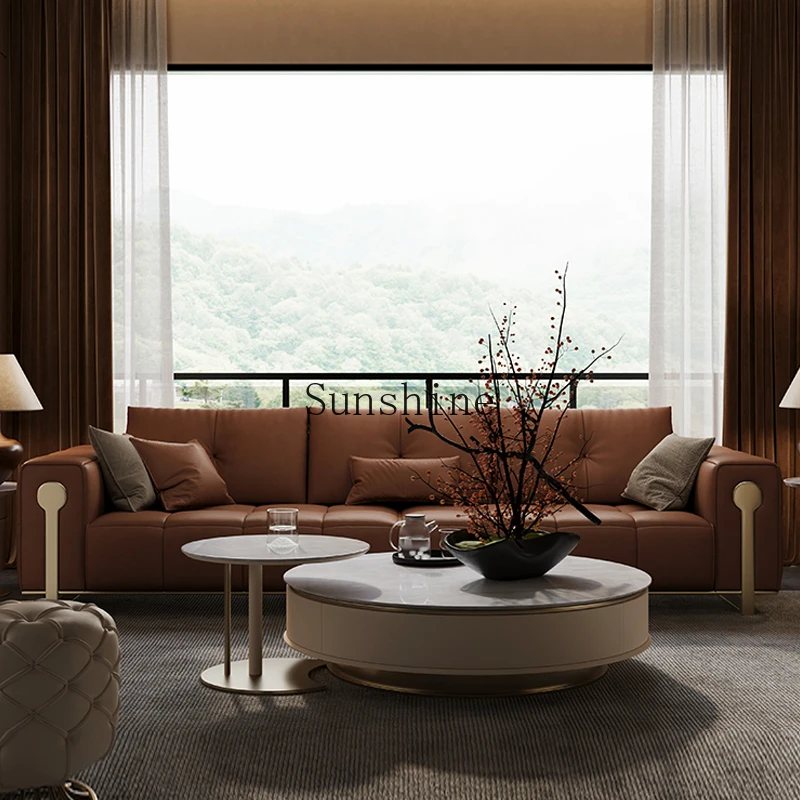 

Modern all-leather straight-row sofa module large flat living room whole house furniture