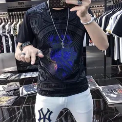 New European summer men's mercerized cotton short sleeve t-shirt men's totem tide hot diamond embroidered half sleeve top