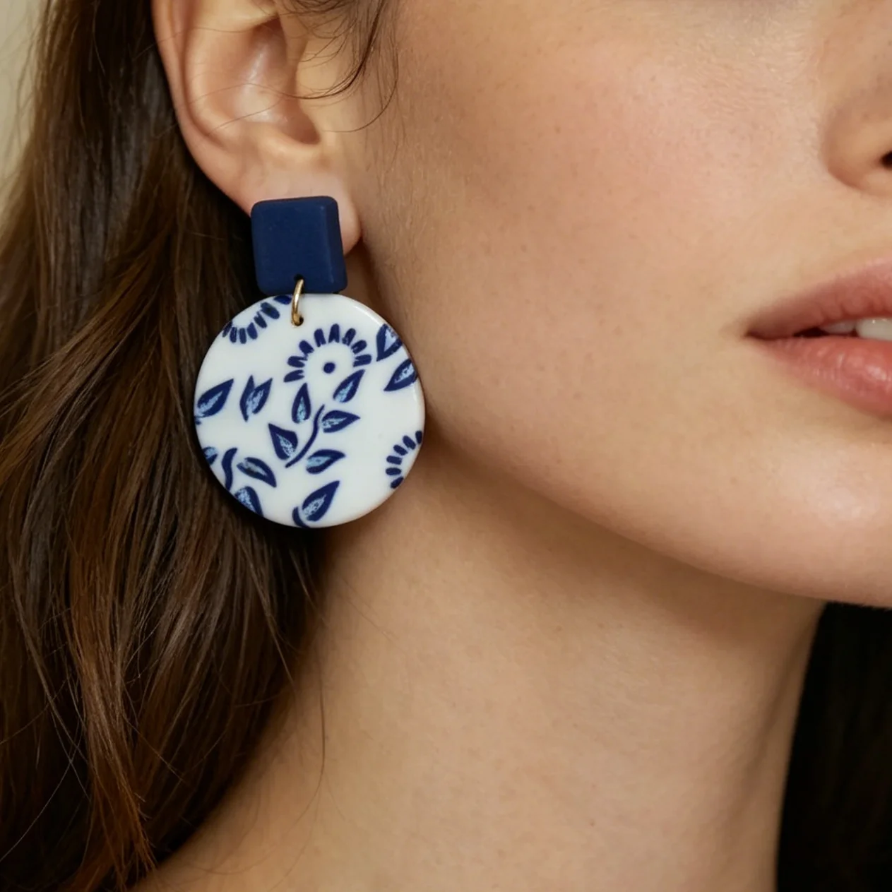 Mediterranean Style Blue Floral Clay Earrings Vintage Aesthetic White Navy Dangle Unique Artsy Tassel Fringe Jewelry Trendy Acce