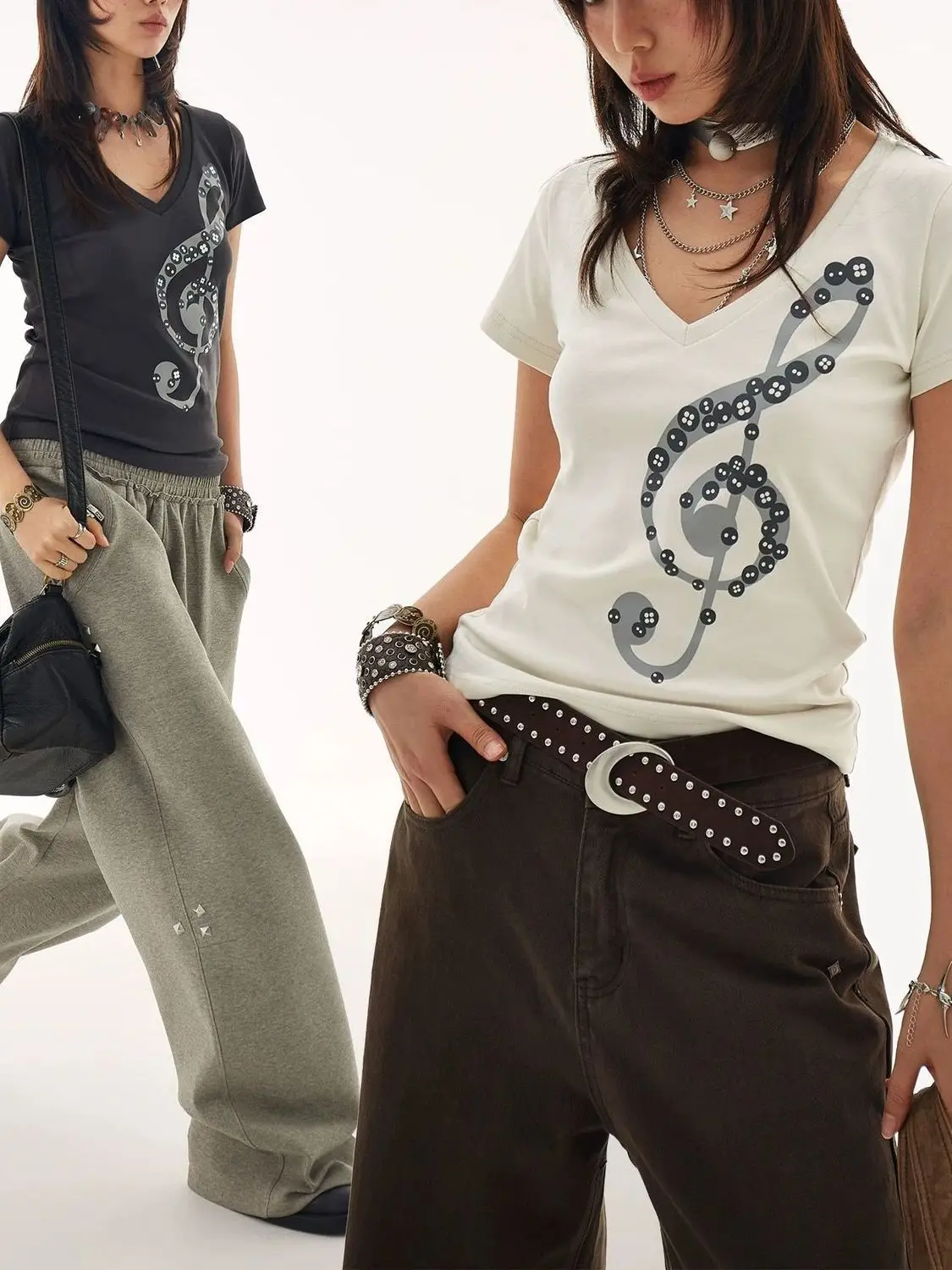 Y2K Treble Clef Graphic T Shirt Women Music Note V Neck Baby Tee Cyber Grunge Aesthetic Slim Short Sleeve Top Summer Streetwear