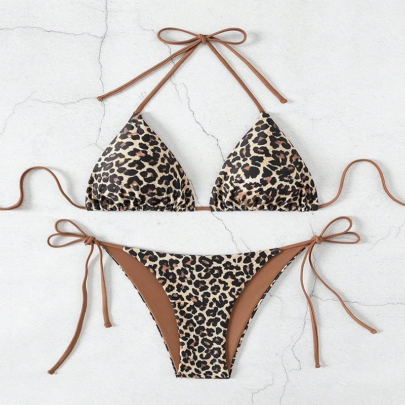 Swimwear2024Leopard Print Lace-up Triângulo Cup Sexy Beach Bikini Split Maiô para Mulheres