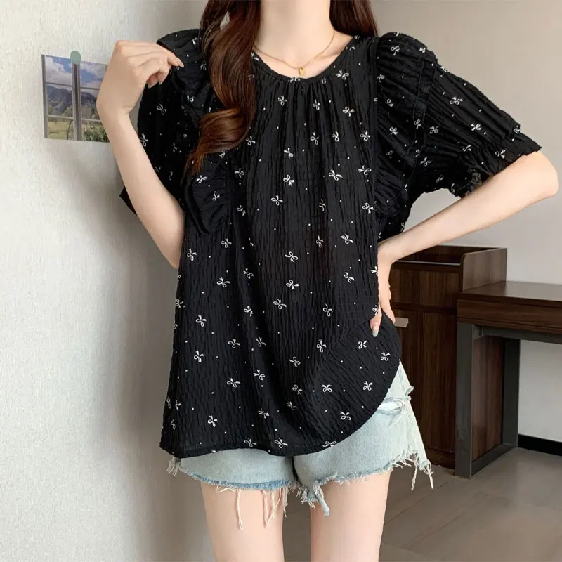 Stylish Ruffles Patchwork Loose Shirts Summer Round Neck Female Clothing Short Sleeve Drawstring Casual Chic Bow Printed Blouse