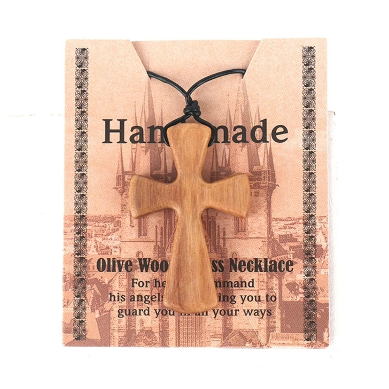 Hand-carved Tapered Wood Cross-shape Necklace Long Leather Rope Adjustable Olive Wood Pendant for Boys Girls Men Women