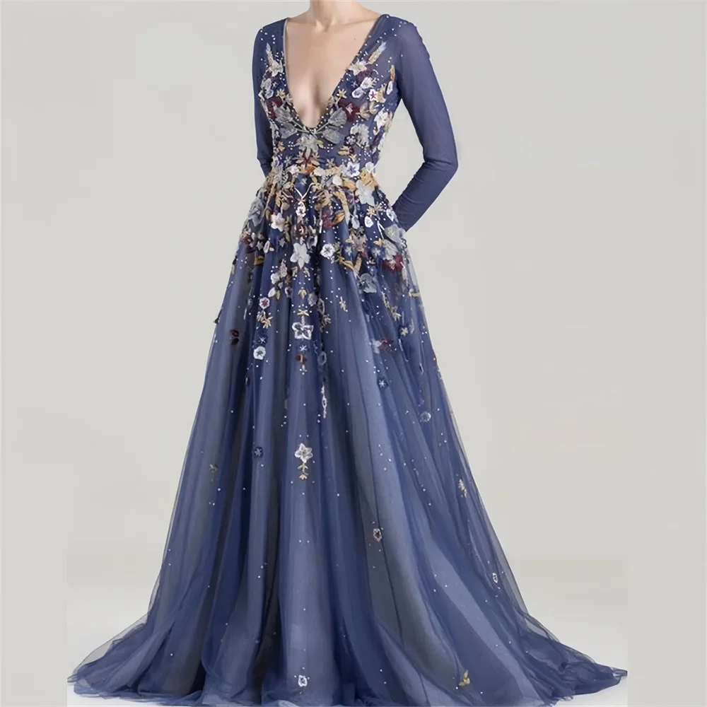 

Prom Gown Formal Saudi Arabia V-neck Ball Floor Length Skirts Tulle Draped Applique Handmade Flower Bespoke Occasion Dresses Eve