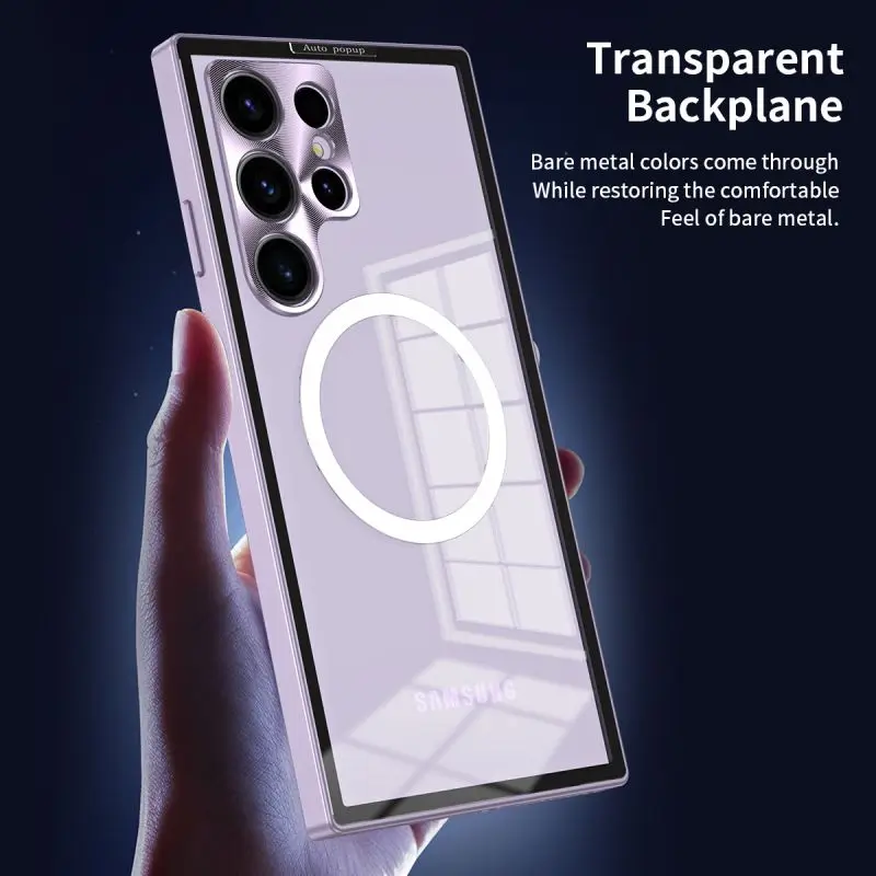 HD Clear PC Back Aluminum Alloy Metal Case For Samsung Galaxy S23 S22 S24 Ultra Metal Magnetic Wireless Charging