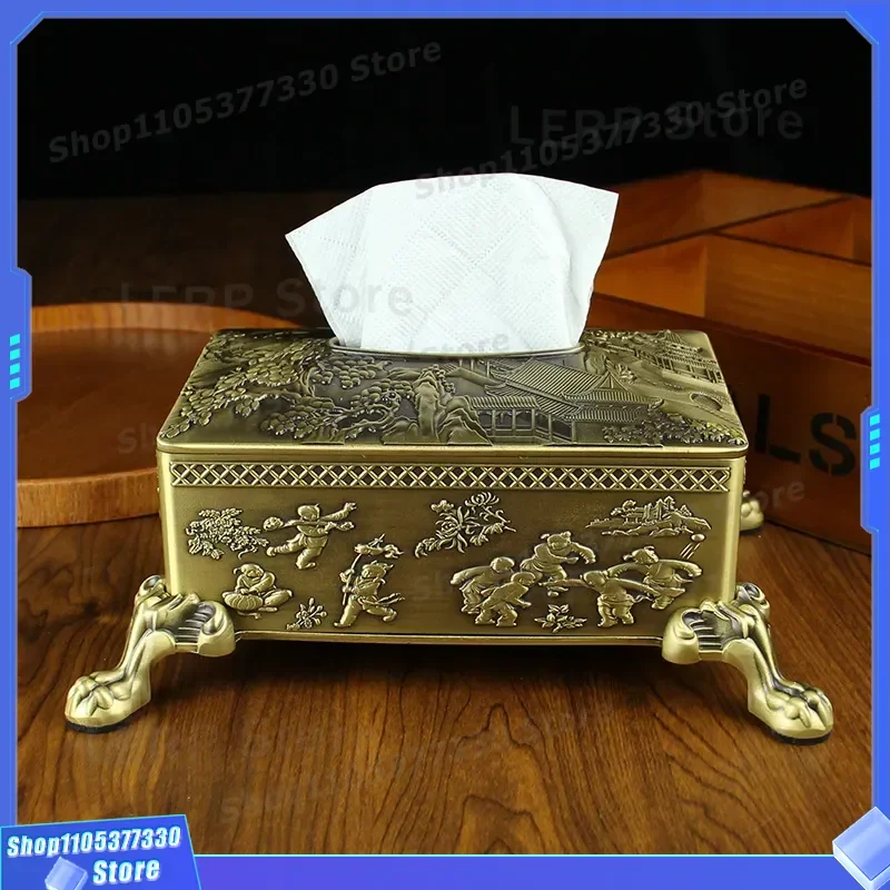 Retro Brass Napkin Box Pure Copper Tissue Holder Living Room Desktop Ornament Home Furnishing Art Decor Landscape Pavilion