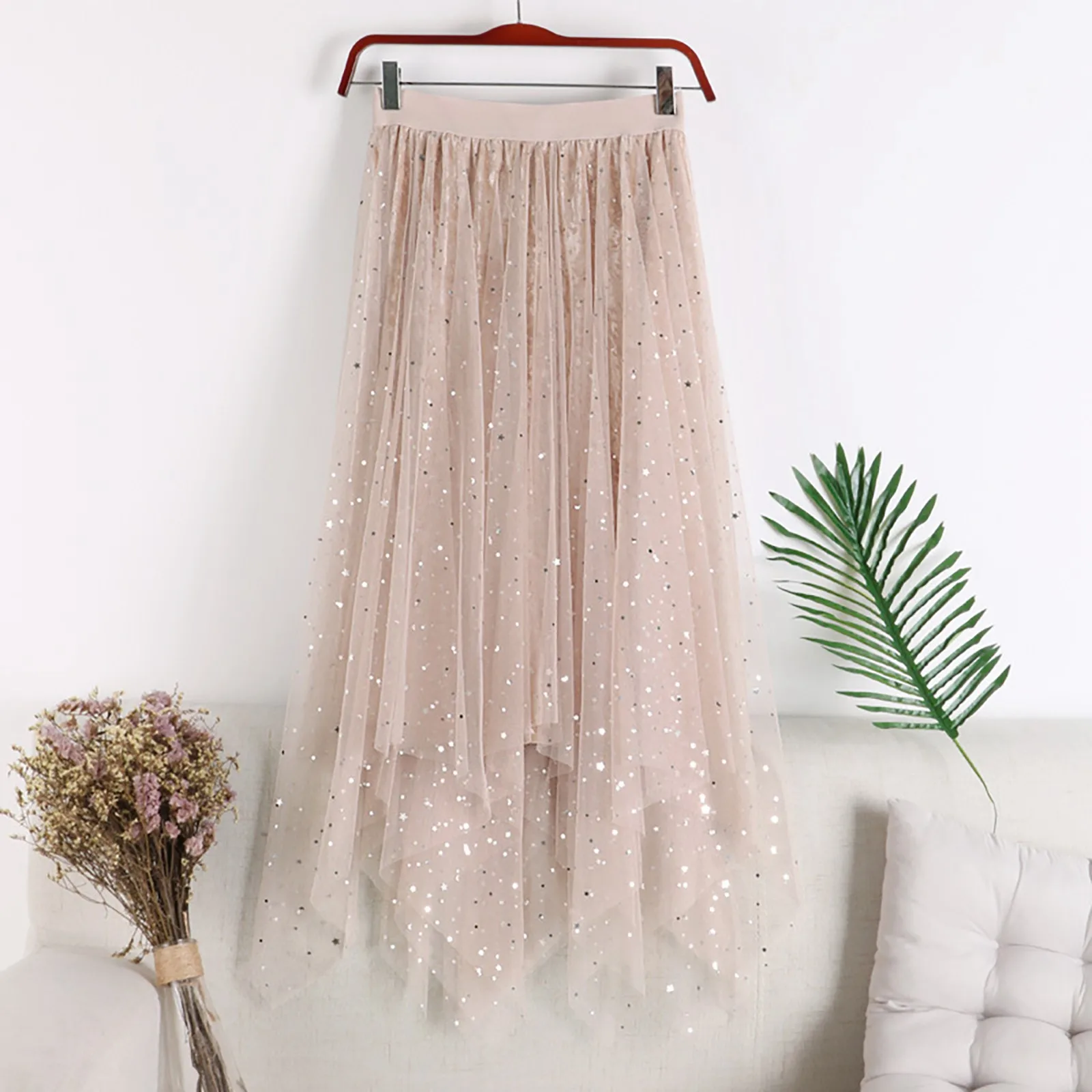 Fashion Elegant Pink Sequin Patchwork Flowy Mesh Long Skirts for Women Solid Color Elastic High Waist Sweet Princess Skirts