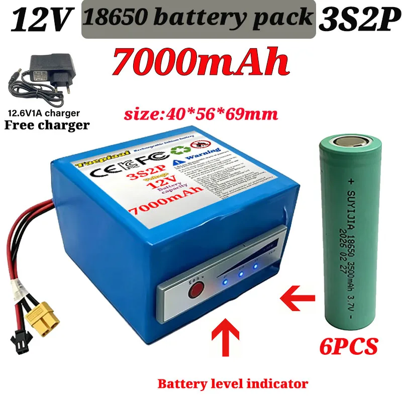 3S2P 12V 7000mAh 18650 lithium battery with Battery level indicator/BMS/charger for fish finders and underwater fishing cameras