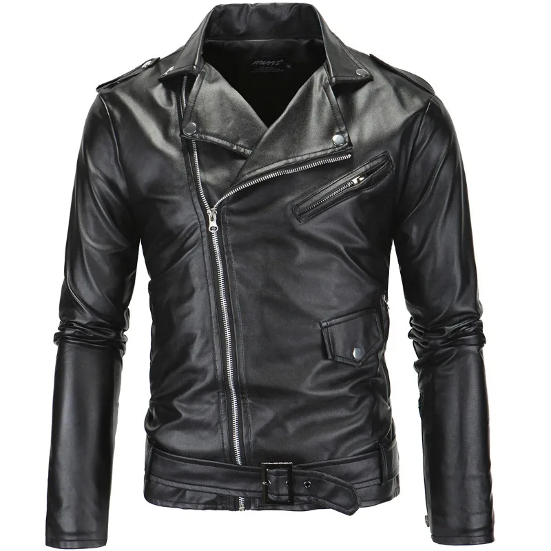 Men's Locomotive Slim-fitting Leather Jacket Stand-up Collar Cropped Oblique Zipper Leather Jacket