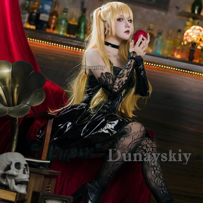 Cosplay Anime Misa Amane Costume Faux Leather Sexy Black Lolita Dress Wig Set Halloween Clothes Cosplay Costumes