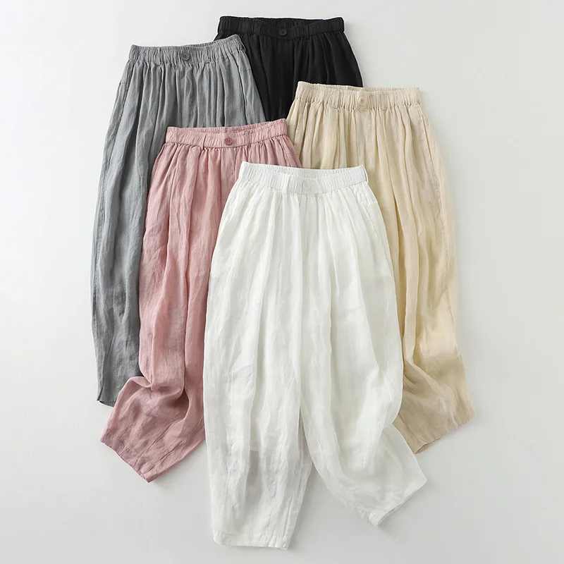 

European Vintage Haren Pants Women 2024 Summer New Loose Thin Cotton Hemp Pants Solid Color Nine-point Pants Fashion Casual Pant