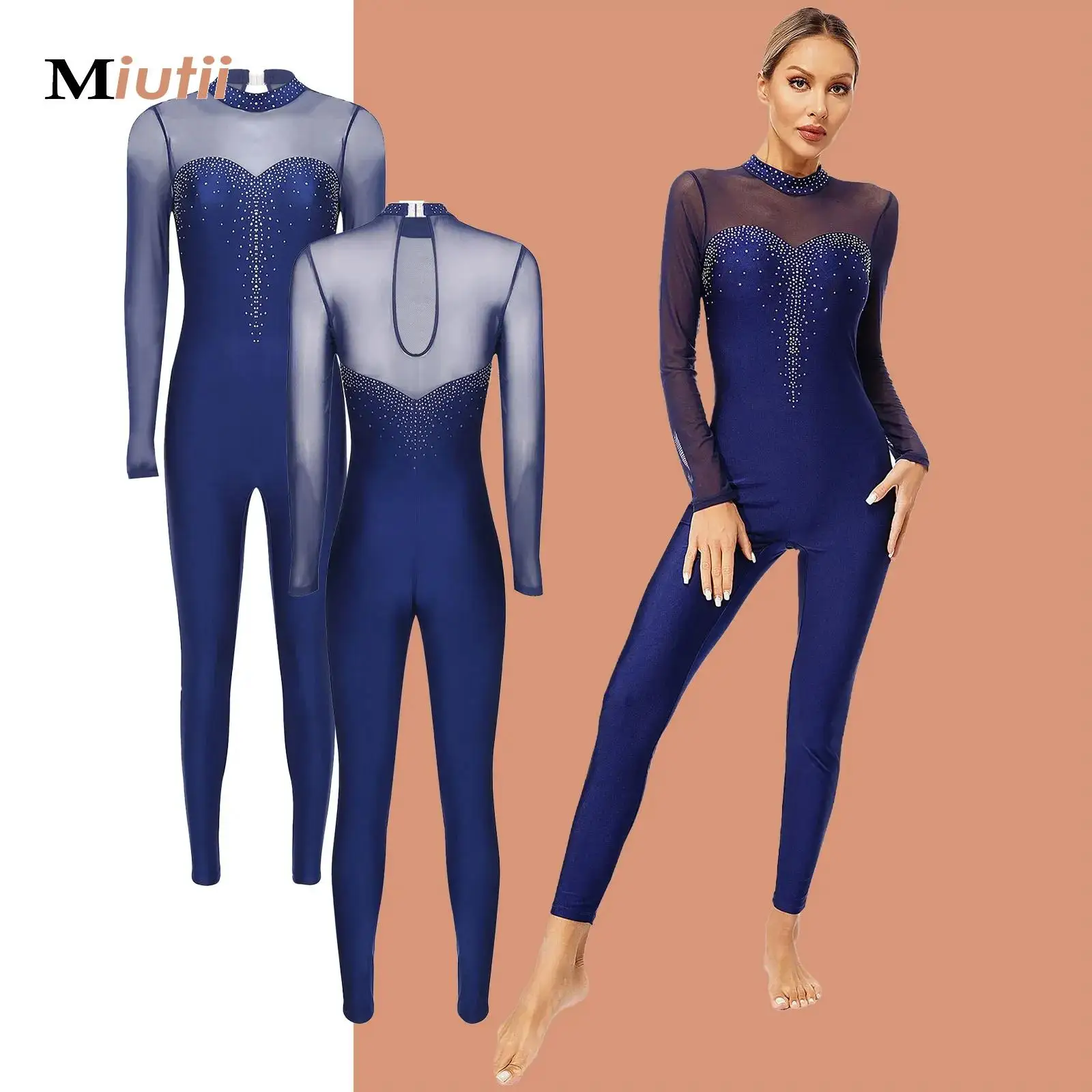 

Adults Rhinestones Ballet Dance Jumpsuit Long Sleeve Rhythmic Gymnastics Jersey Bodysuit for Figure Skating Yoga Acrobatics