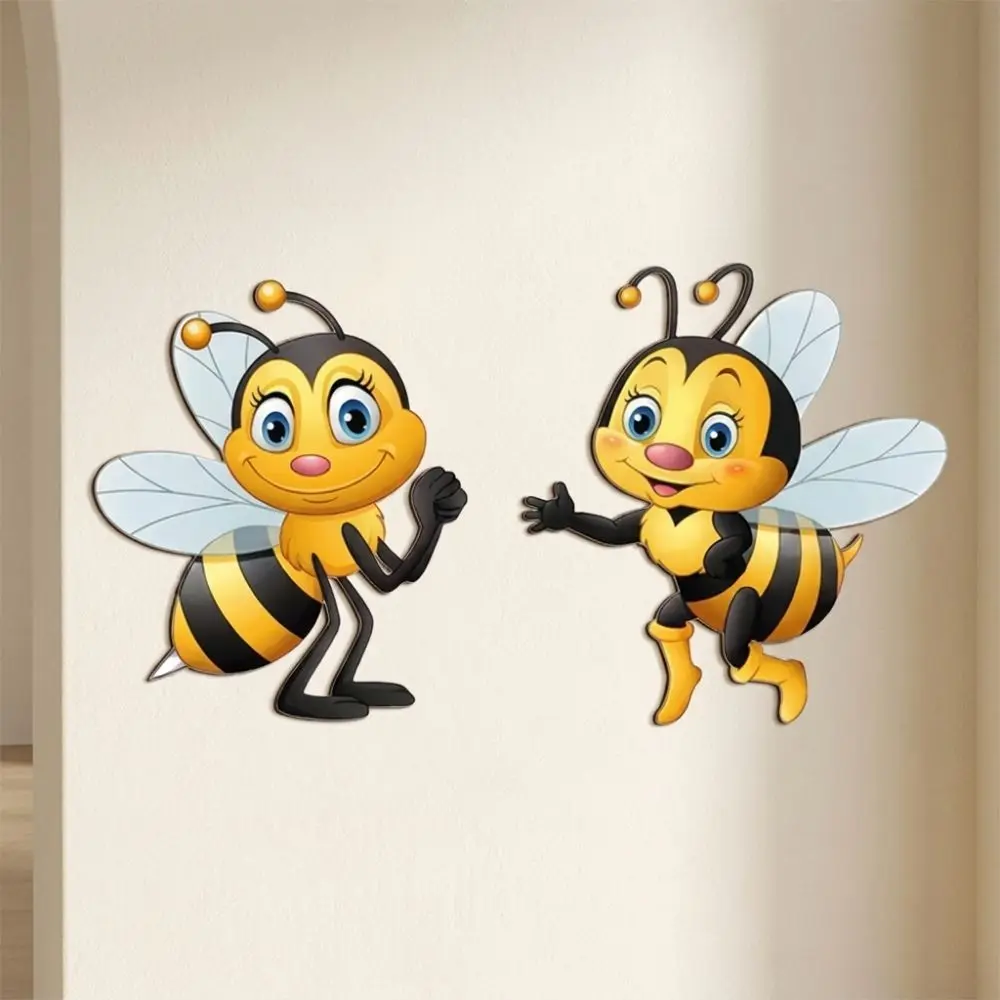 2Pcs 2D Flat Acrylic Cartoon Bee Wall Decor Waterproof Sun Resistant Garden Bee Hanging Plaque Bee Themed Anti-Fade