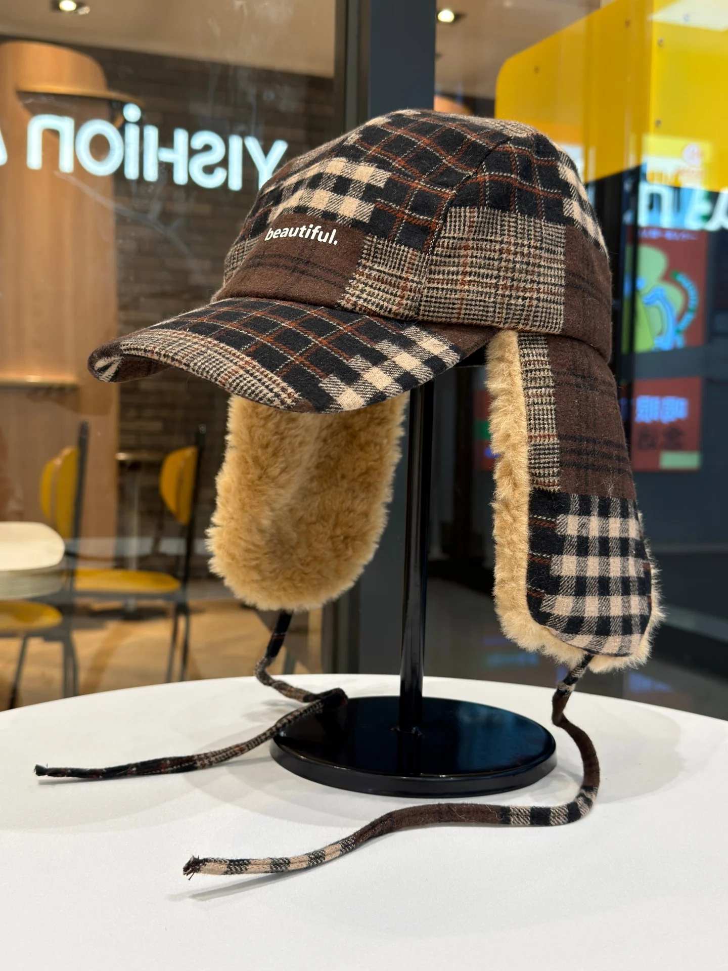 thickened-winter-hat-retro-plaid-letter-embroidery-woolen-lei-feng-cap-men-women-skiing-ear-protection-hat-warm-cold-proof