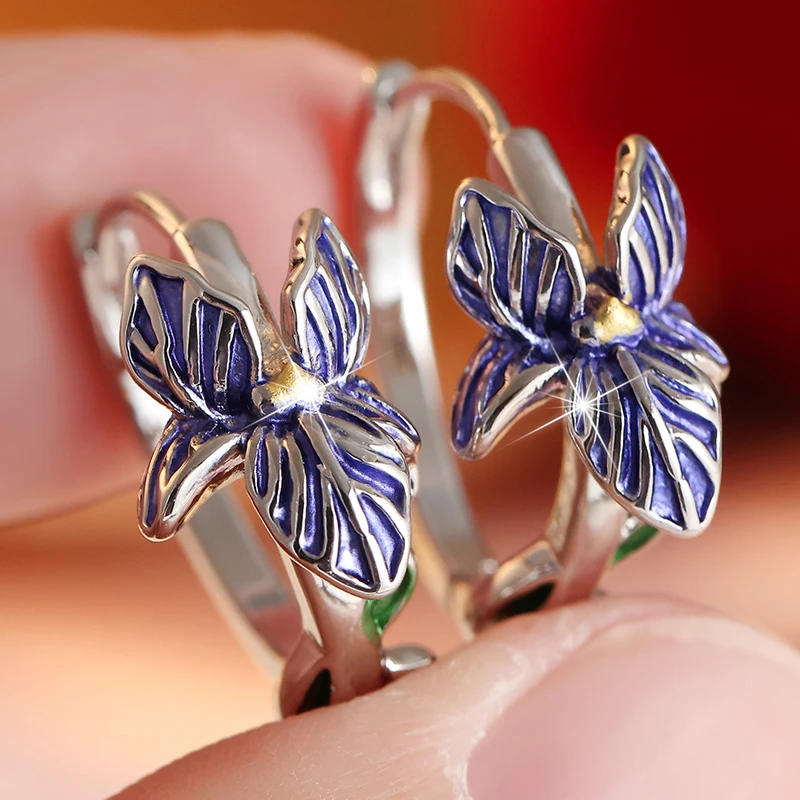 Artistic Exquisite Purple Imitation Enamel Orchid Handamde Women Hoop Earrings Elegant Vintage Wedding Banquet Jewlery Accessory