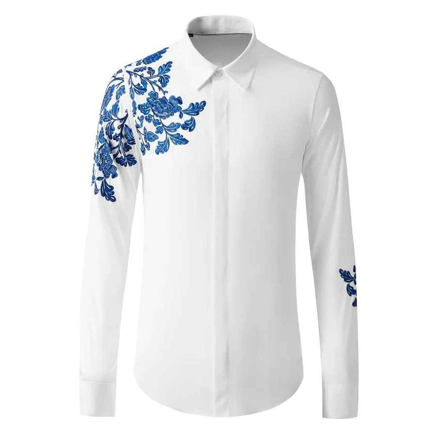 

Chinese Style Embroidered Shirt for Men High-quality Cotton Business Casual Shirts Stage Performance Social Party Shirts M-4XL