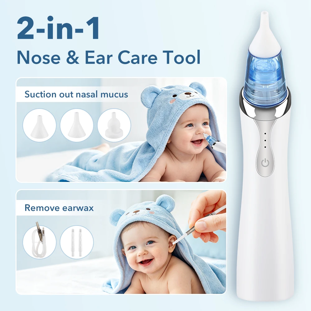 2-in-1 Electric Nasal Aspirator for Baby Nose Absorber 3 Levels Suction Rechargeable Ear Wax Removal Kit Vacuum Nose Sucker