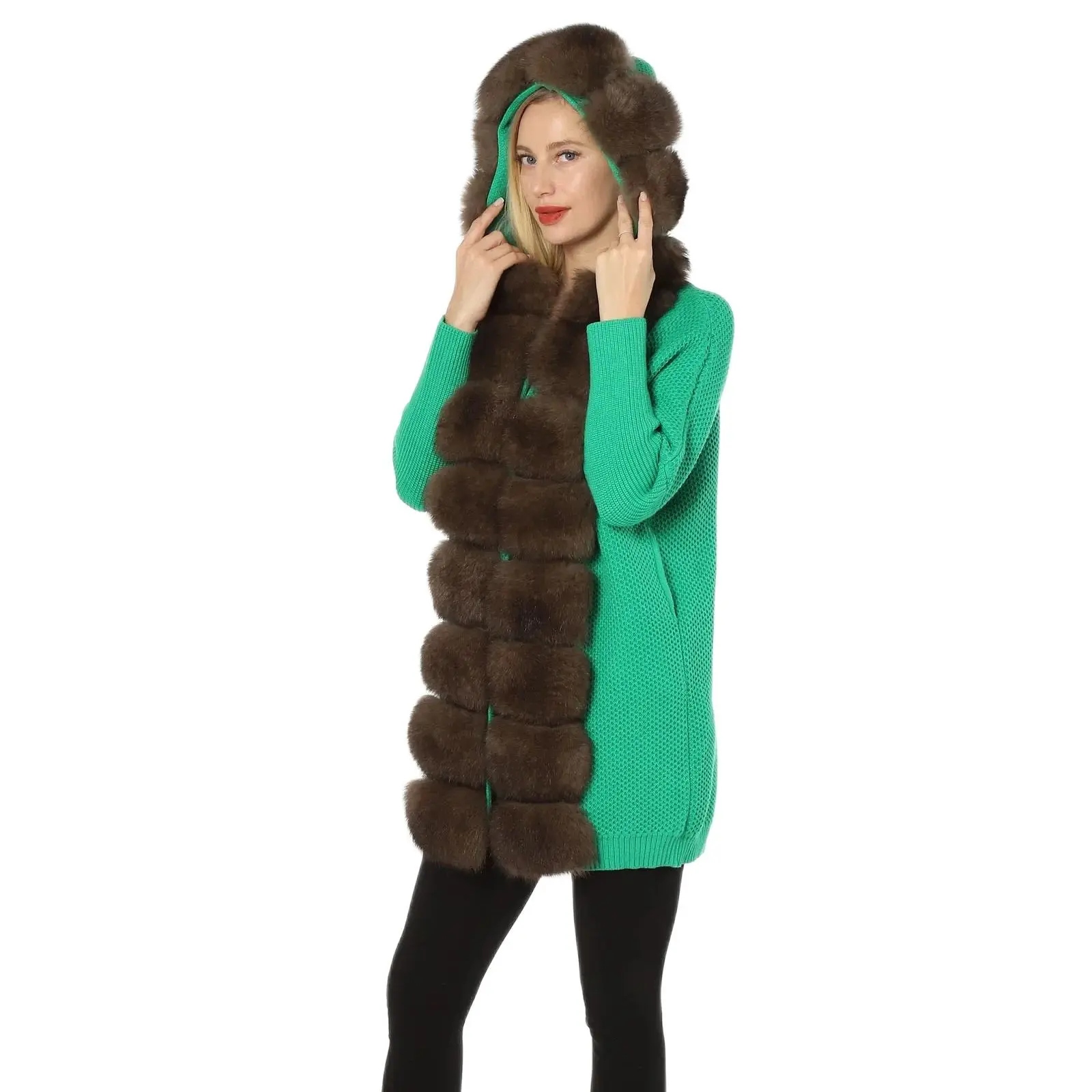 Wool Cardigen with Fox Fur Front Hood, Coat with Trimming, Green Color, 2023, Spring, Autumn, On Sale, 210937