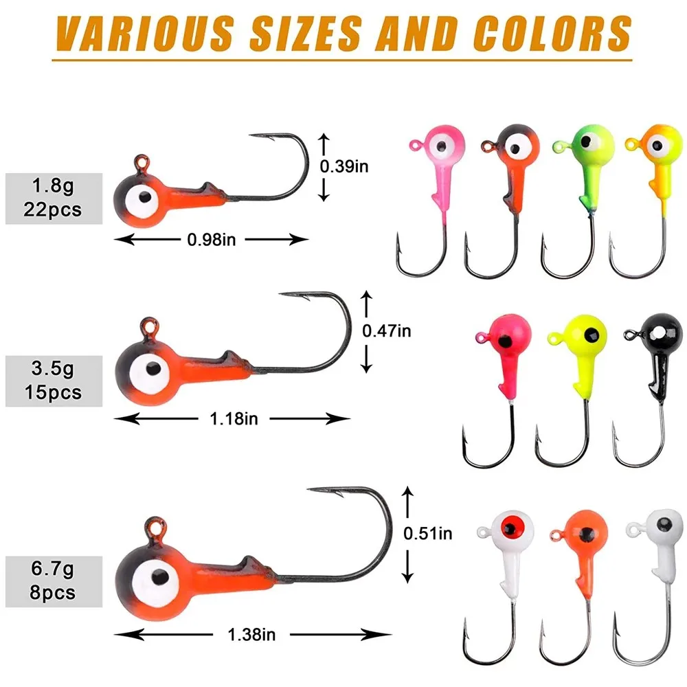 45Pcs Fishing Jig Heads Hooks Kit Round Jig Head Fishing Lures Assorted Ball Head Jigs 3D Eyes Painted Hooks for Bass Trout