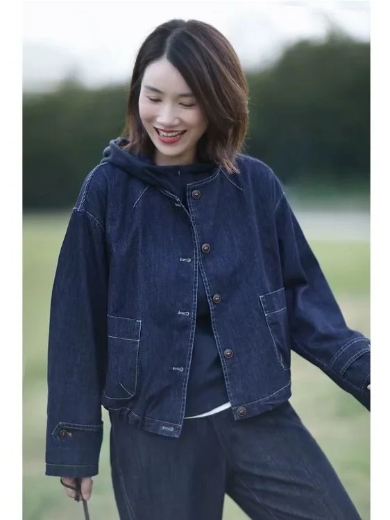 

Authentic Cool Retro Hong Kong Sle round Ne Denim Jaet ort Biker Jaet Ladies Faion Classic Color Women's Coat