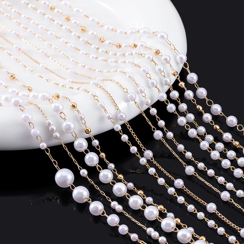 1M Stylish Multi-Style Copper Metal Chain Imitation Pearls Beads Gold Color Chain For DIY Necklace Bracelet Handbag chain Making view 4