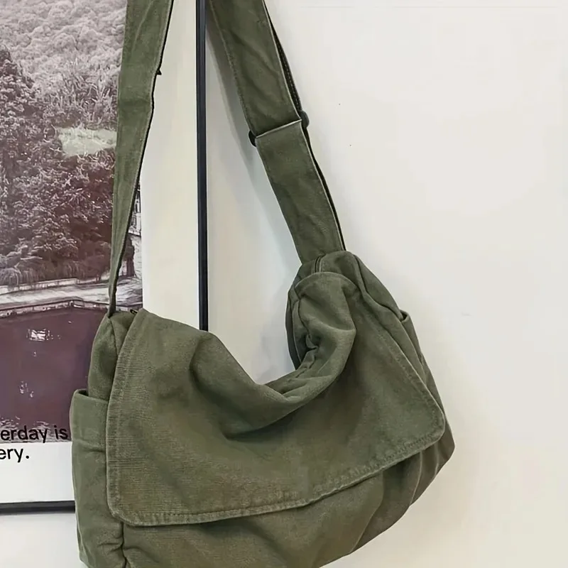 Water-washed canvas sling bag, trendy brand large-capacity shoulder bag, casual solid colour, student fashion messenger bag