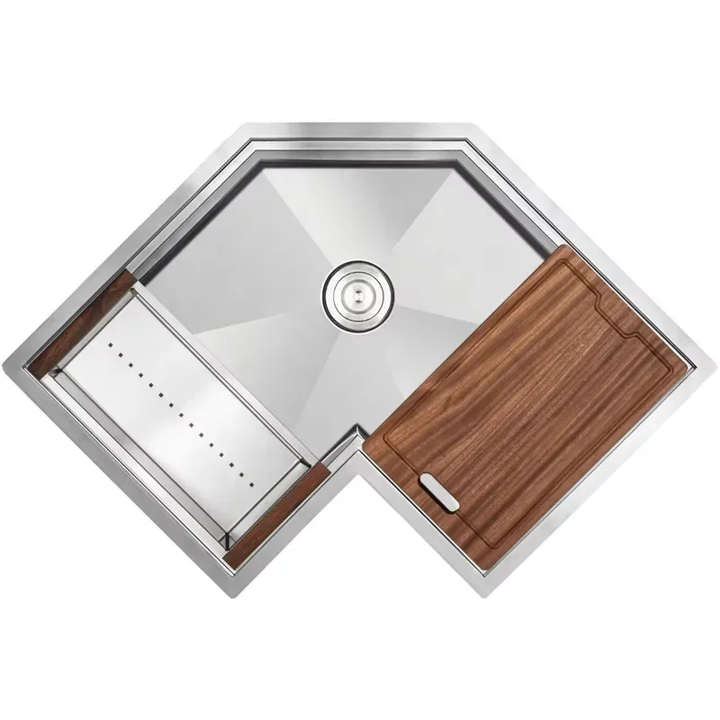30 Inch Gold Finish Stainless Steel Corner Kitchen Sink Satin Brushed Workstation Modern Design Undermount Installation 16