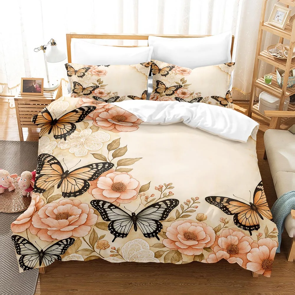 Butterflies Floral Bedding Set 3D Digital Printing 2-3 Piece Set (No Core) Suitable for Bedroom Duvet Cover Set Halloween Decor