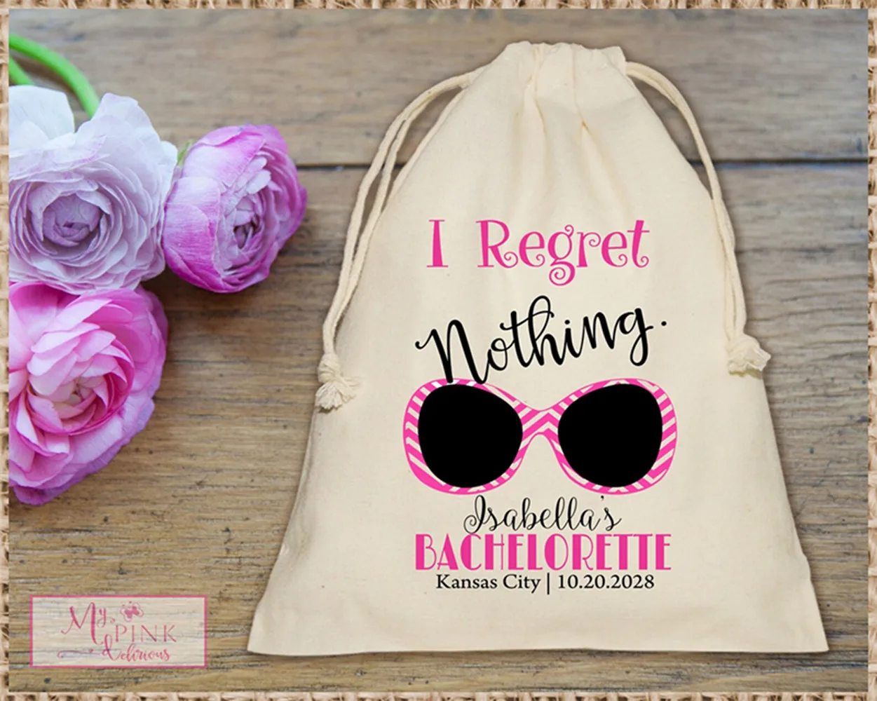 

20pcs I regret nothing Chevron Sunglasses Bachelorette Party Muslin Bag -Hangover Kit- - Mini Favor bag -custom muslin bag