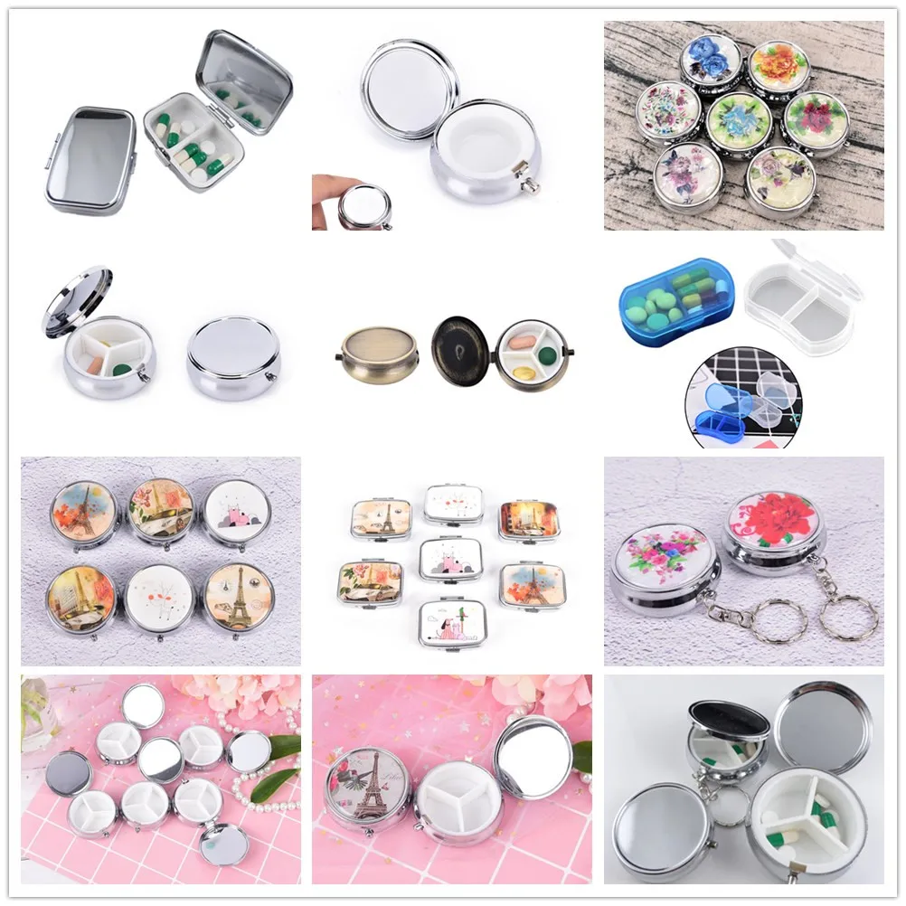 Sliver Tower Clock Round Shape Folding Pill Case Portable Pill Box Makeup Storage Container Metal Pill Cutter Medicine Organizer