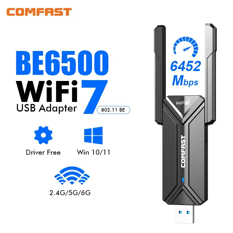 

Comfast BE6500 Wi-Fi 7 USB-адаптер Tri-Band 6G/5G/2.4G USB 3.0, сетевая карта-приемник с антенной для ПК, донгл для Windows 10/11