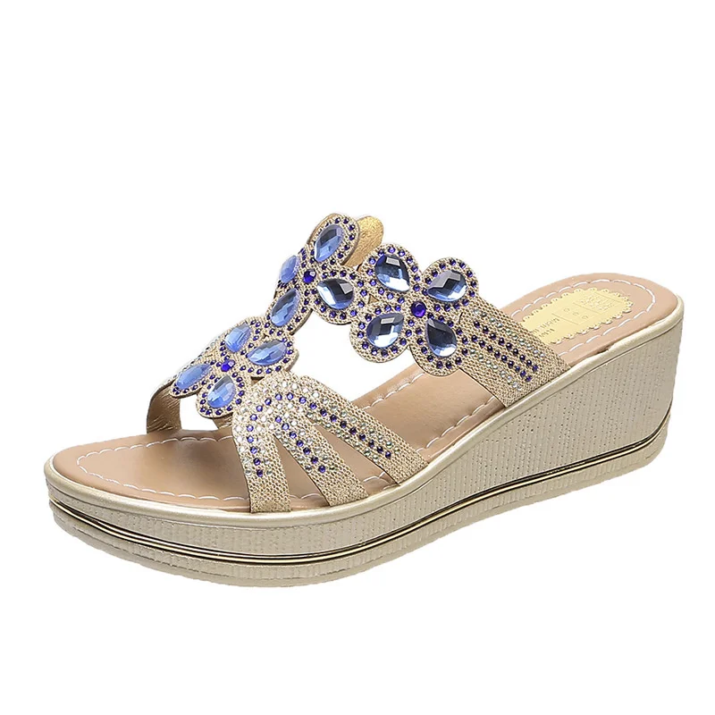 Women Sandals Summer Fashion Wedge Thick-soled Flip-flops  Sandals Crystal Casual Shoes High Heels Rhinestone Slippers