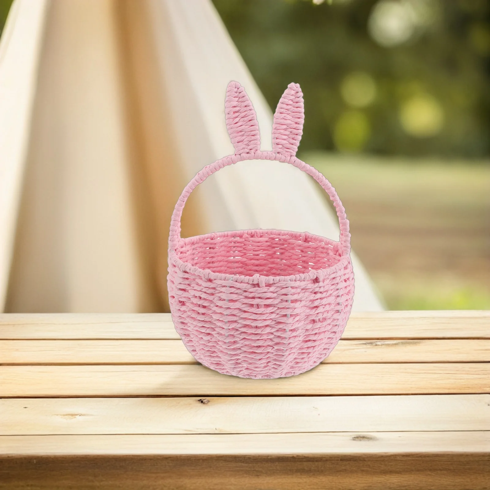 

Round Woven Rope Small Flower Picnic Hamper Fruits Basket Bunny Ear Handle Storage Decorative Basket for Home Garden