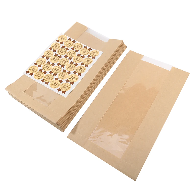 25/50pcs Kraft Paper Bread Clear Avoid Oil Packing Toast  Stripe Window Bag Baking Takeaway Food Package Cake Bag Party