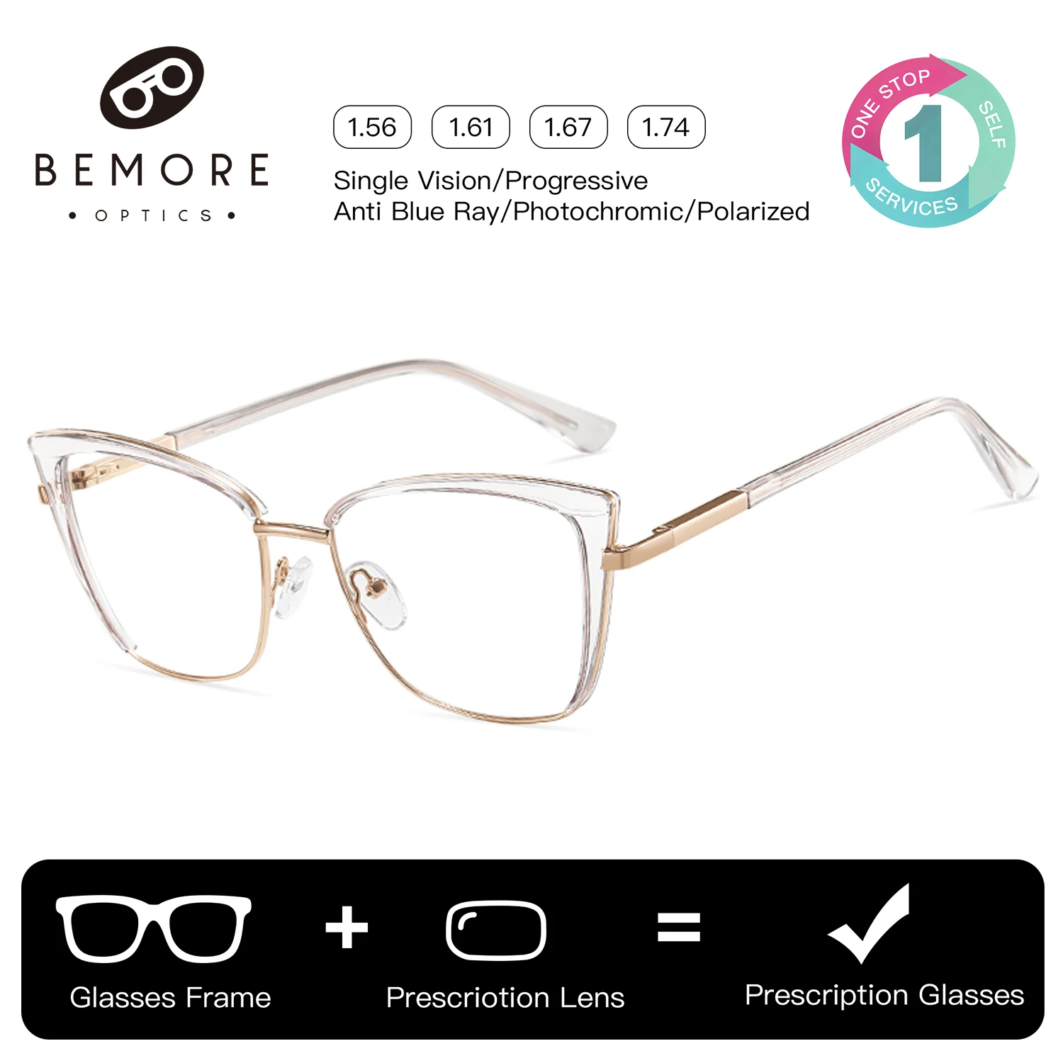 

BEMORE Ultralight Acetate Cat Eye Progressive Multifocal Glasses Classic Anti-Blue Ray Butterfly Prescription Eyewear for Women