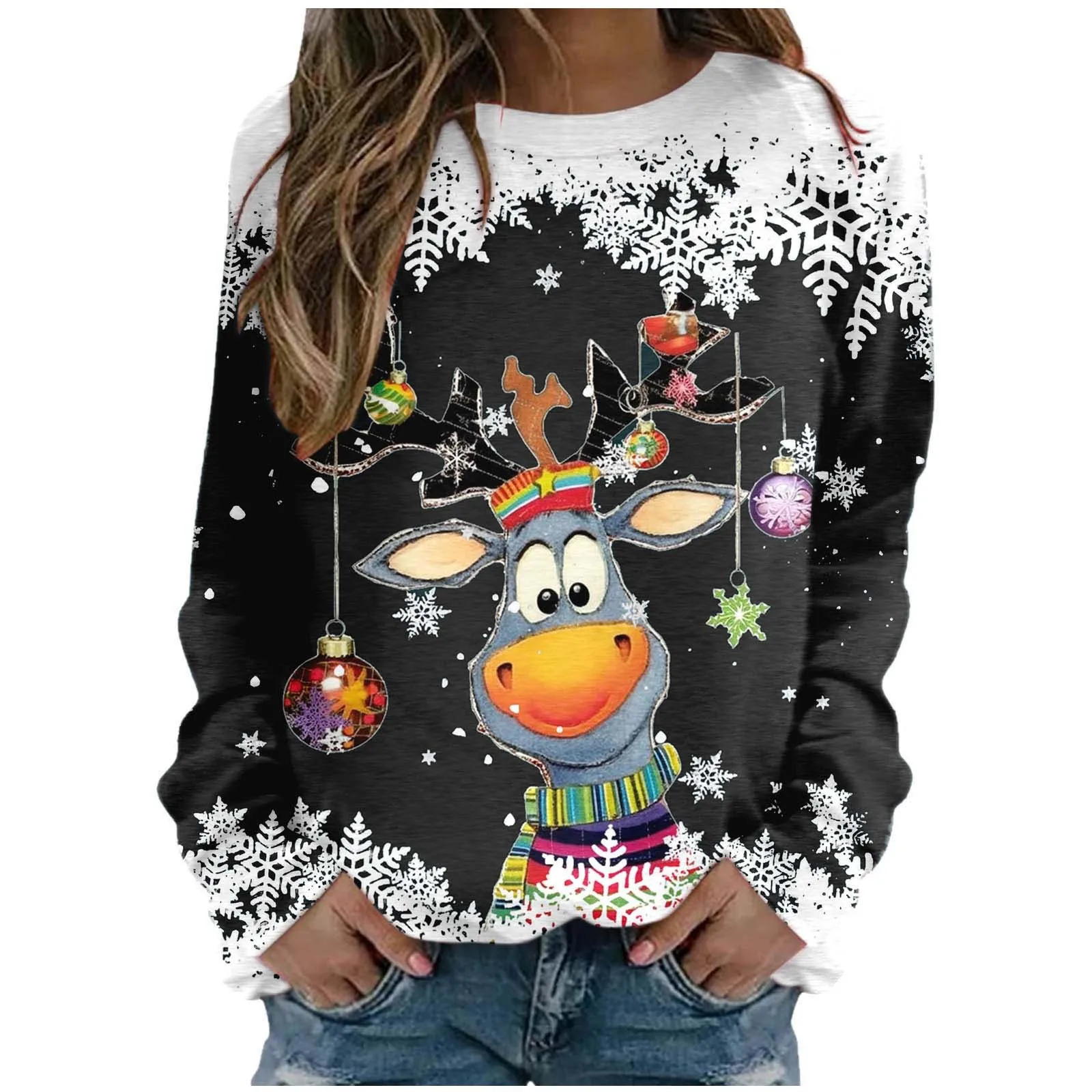 Teen Girls Long Sleeve Crewneck Sweatshirt Sweaters For Women Christmas Cute Reindeer Graphic Xmas Shirts Fleece Clothes Women