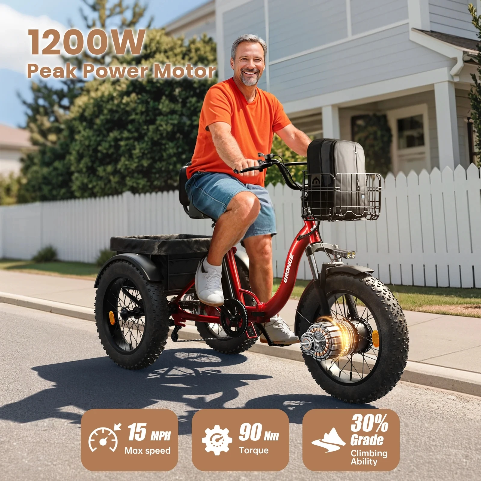 QRONGE Electric Bike for Adults 1200W Peak 36V 20AH Battery Folding Electric Tricycle 75 Miles Range Max 20MPH 20"*4" Fat Tire Electric Trike image 6