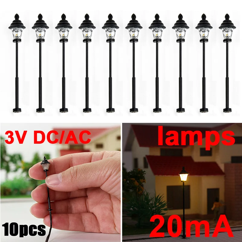 10Pcs Model Railway Lamppost LED Park Lanterns Lamps 3V DC Or AC 45mm N Scale 1:160 Model Railway Bonsai Decor For Rail