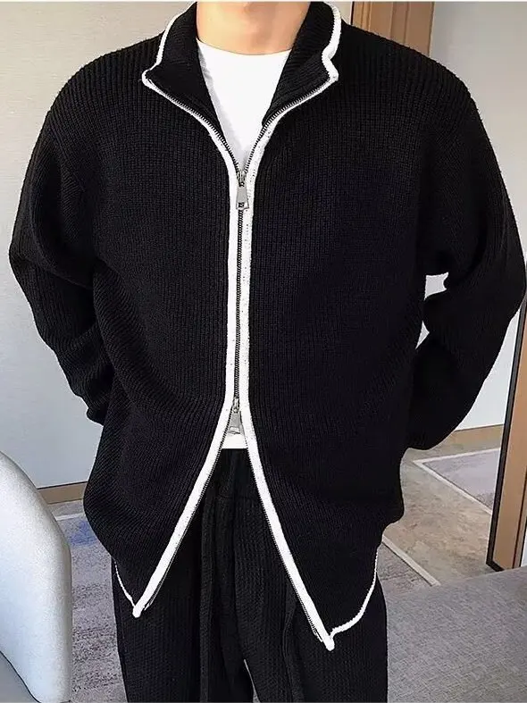 

Double Zipper High Collar Knitted Cardigan for Men Autumn Spring Season Casual Sle Color Blo Youth Faion Outerwear
